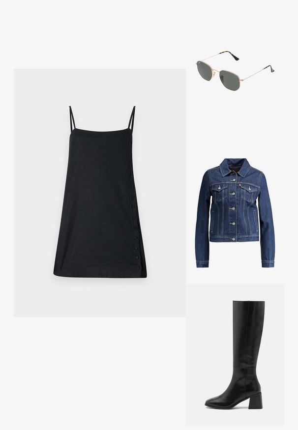 Donkerblauwe denimjas met een kraag, knopen aan de voorkant en twee borstzakken. Voorzien van gele stiksels en een cropped ontwerp.; Zwarte spaghetti strap jurk met rechte snit, voorzien van een zijknopdetail en gemaakt van lichtgewicht stof. Geen patronen of accenten.; ONLY SHOES ONLBIJOU KNEE HIGH BOOT - Laarzen - black; Gouden metalen zonnebril met donkergroene lenzen, aviator-stijl, met slanke scharnieren en schildpad-accenten op de uiteinden.; Zwarte gewatteerde leren handtas met een gouden kettingschouderband en een toggle-sluiting met een rond accent. Compacte rechthoekige vorm.