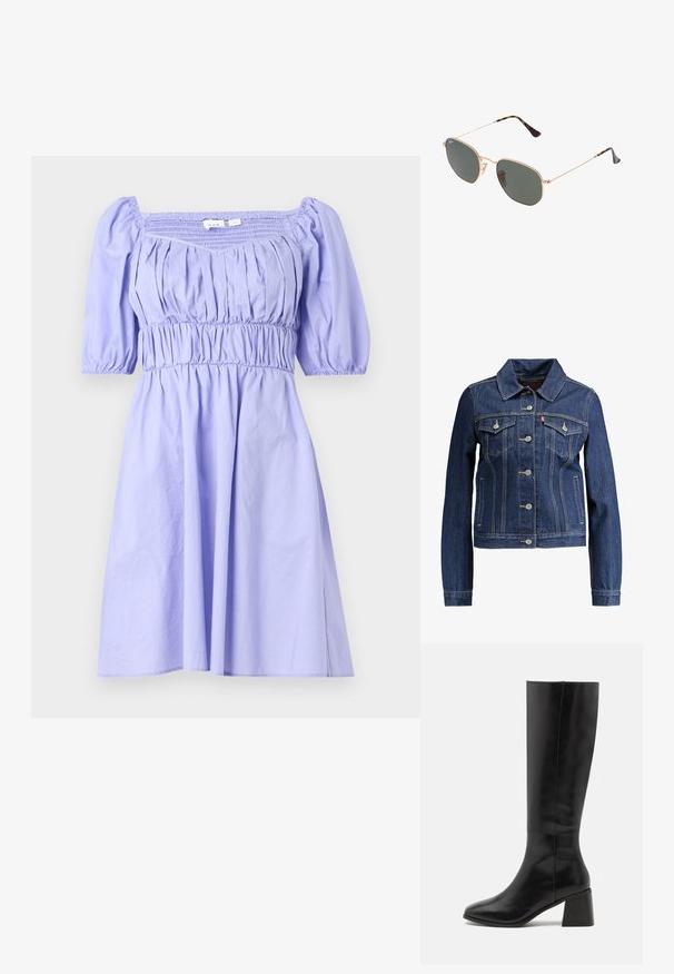 Veste en denim bleu foncé avec un col, un devant à boutons et deux poches poitrine. Présente des coutures jaunes et un design cropped.; Robe lilas avec manches courtes bouffantes, corsage smocké et jupe fluide. Fabriquée en tissu léger, avec des détails froncés.; ONLY SHOES ONLBIJOU KNEE HIGH BOOT - Bottes - black; Lunettes de soleil en métal doré avec des verres vert foncé, de style aviateur, dotées de branches fines et d'accents en écaille de tortue sur les embouts.