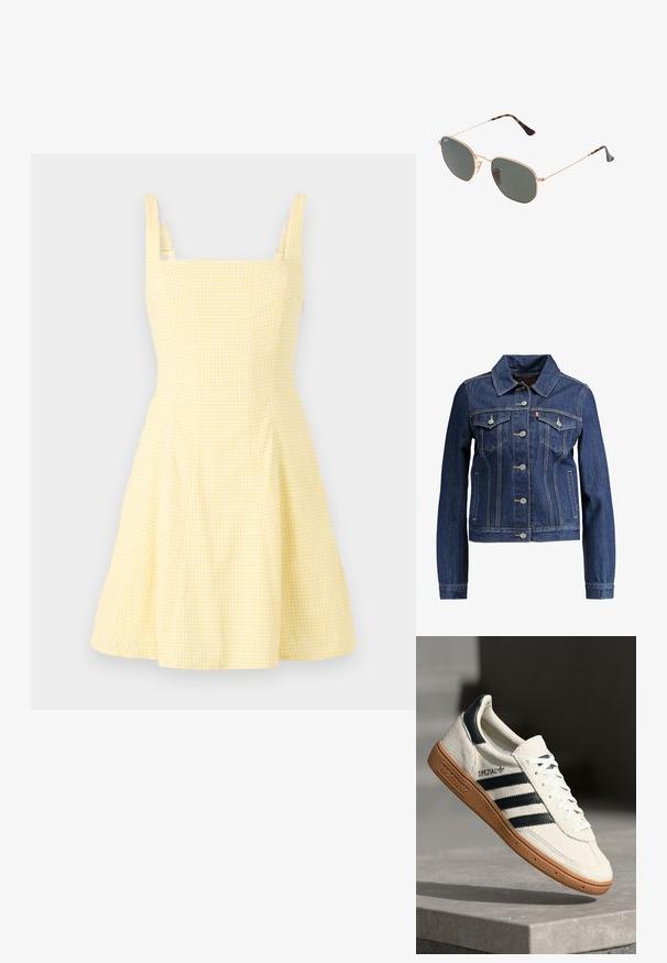 Granatowa kurtka dżinsowa z kołnierzykiem, zapinana na guziki, z dwiema kieszeniami na piersi. Posiada żółte szwy i krótki fason.; Żółta sukienka w kratkę z kwadratowym dekoltem, cienkimi ramiączkami i rozkloszowanym dołem. Wykonana z lekkiej mieszanki bawełny.; Białe zamszowe sneakersy z granatowymi paskami, gumową podeszwą, teksturowaną górą, okrągłym noskiem i sznurowaniem; posiadają logo po boku i na języku.; Złote okulary przeciwsłoneczne w stylu aviatora z ciemnozielonymi soczewkami, z wąskimi ramionami i akcentami w panterkę na końcach.; Czarna pikowana skórzana torebka z złotym łańcuszkiem i zapięciem na toggle, z okrągłym akcentem. Kompaktowy prostokątny kształt.
