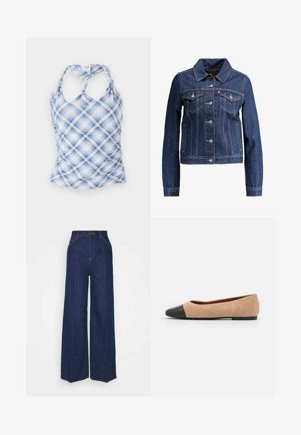 Donkerblauwe denimjas met een kraag, knopen aan de voorkant en twee borstzakken. Voorzien van gele stiksels en een cropped ontwerp.; Blauwe en witte geruite tanktop met een halternek, geplooide zijkanten en geknoopte bandjes. Gemaakt van lichte, gestructureerde stof.; Hoge taille wijdvallende donkerblauwe denim jeans met voor- en achterzakken, knoopsluiting en zichtbare stikseldetails.; Beige suède ballet flats met een zwarte leren ronde neuskap, lage hak en een gladde textuur, met minimale stiksels en een schone uitstraling.