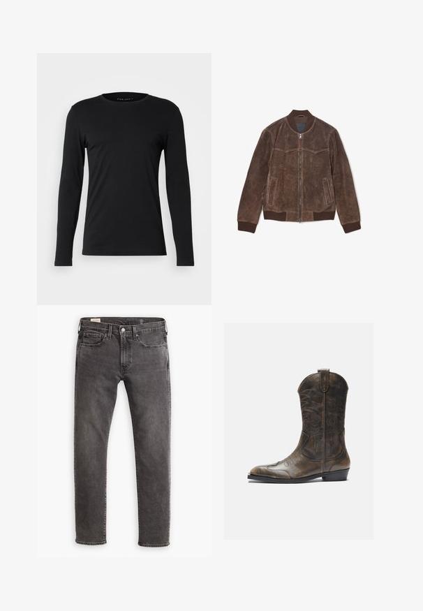 Brown suede bomber jacket with front zipper, ribbed collar, cuffs, waistband, and two side pockets.; Black long-sleeve t-shirt made from soft fabric. Features a round neckline and fitted silhouette with no visible graphics or embellishments.; Gray denim jeans with a straight cut, five-pocket design, and a button fly. Features subtle fading and tonal stitching throughout.; Brown leather cowboy boot with a tall shaft, pointed toe, intricate stitching patterns, and a small heel. Textured finish throughout.