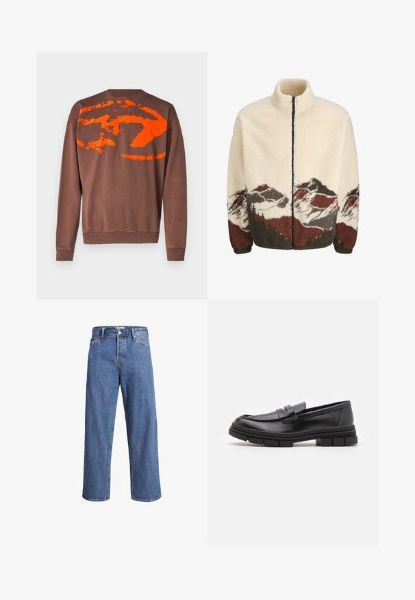 Fleecejacka i krämfärg med hög krage och hel dragkedja. Har ett mönster av bergslandskap i brunt, grått och rött vid nederkanten.; Diesel UNISEX - Sweatshirt - brown; Ljusblå denimjeans med rak bendesign, hög midja och minimala sömnadsdetaljer. Tyget har en mjuk, något urvaskad textur.; Svarta läderloafers med en slät finish, med en framrem och en chunky gummisula med spåriga detaljer.