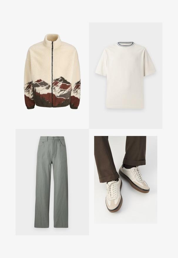 Krém színű polárdzseki magas gallérral és teljes cipzárral. Az alján barna, szürke és piros hegyvidéki tájat ábrázoló minta található.; Krémszínű pamut póló rövid ujjakkal, kerek nyakkivágással, melyet tengerészkék és fehér csíkok díszítenek. Sima textúrájú, laza szabású.; Világoszöld, bő szabású nadrág puha, texturált anyagból. Jellemzői közé tartozik az elöl gombos záródás és öt zseb.; Beige sportcipők, texturált velúr elülső résszel, sima bőr oldalakkal és barna gumitalppal. Fűzők és világos varrási részletek is megtalálhatók.