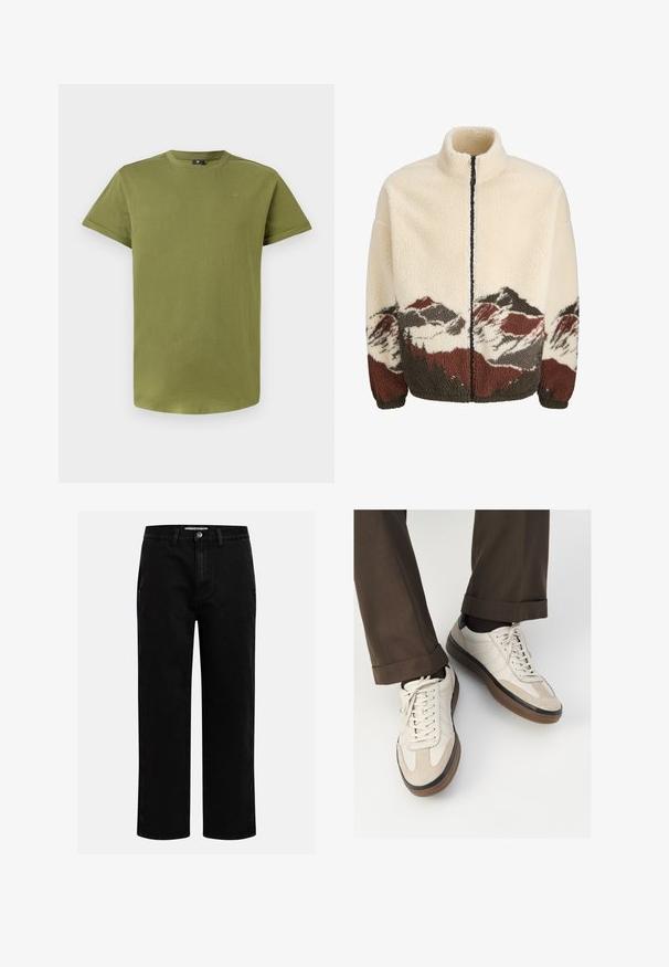 Krém színű polárdzseki magas gallérral és teljes cipzárral. Az alján barna, szürke és piros hegyvidéki tájat ábrázoló minta található.; Olíva zöld, rövid ujjú póló, puha pamutból készült, kerek nyakkivágással és diszkrét logóval a mellrészen. Az anyag sima tapintású.; Fekete farmernadrág egyenes szabással, klasszikus öt zsebes kialakítással és gombos derékkal. Simább textúra és tartós anyag.; Beige sportcipők, texturált velúr elülső résszel, sima bőr oldalakkal és barna gumitalppal. Fűzők és világos varrási részletek is megtalálhatók.