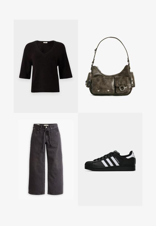 Fekete, rövidített kabát, puha, sima anyagból készült, magas gallérral, elülső cipzárral és diszkrét varrásokkal ellátott oldalsó zsebekkel.; Fekete kötött pulóver V-nyakkal, rövid ujjakkal és laza fazonnal. Puha textúra, bordázott részletekkel a szegőn és az ujjakon.; Fekete, bőszárú farmernadrág, állítható derékkal, öt zsebbel és kontrasztos varrási részletekkel. Lapos elülső dizájn.; Fekete Adidas Superstar sportcipő fehér csíkokkal, kagyló orral és "Superstar" felirattal az oldalán, oldalról bemutatva, fehér háttér előtt.; Sötétzöld bőr kézitáska ívelt formával, cipzáras zsebekkel és elülső fedélzsebbel. Ezüst hardware-rel és textúrázott felülettel rendelkezik.