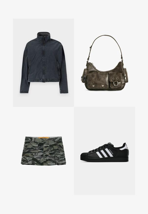 Czarna krótka kurtka wykonana z miękkiego, gładkiego materiału, z wysokim kołnierzem, zapięciem na zamek z przodu oraz bocznymi kieszeniami z delikatnymi detalami szwów.; Czarna bluza z długim rękawem i kapturem, z zamkiem z przodu. Wykonana z gładkiego materiału, dopasowana, z minimalnymi detalami. Okrągły dół.; Spodenki w kamuflażu w odcieniach szarości i zieleni, z zapięciem na guzik, bocznymi kieszeniami oraz metką marki na udzie.; Czarne sneakersy Adidas Superstar z białymi paskami, noskiem w kształcie muszli i napisem "Superstar" na boku, zaprezentowane w profilu bocznym na białym tle.; Ciemnozielona skórzana torebka o zaokrąglonym kształcie, z kieszeniami na zamek błyskawiczny oraz przednią kieszenią z klapką. Wyposażona w srebrne akcesoria i teksturowane wykończenie.