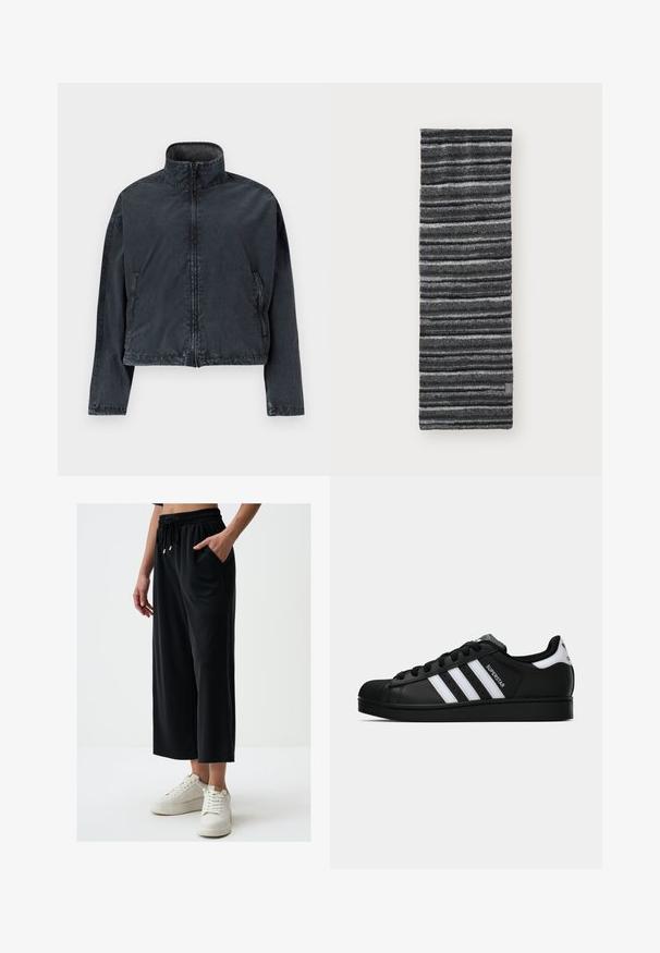 Schwarze, taillierte Jacke aus weichem, glattem Material, mit hohem Kragen, Frontreißverschluss und seitlichen Taschen mit dezenten Nähdetails.; Schwarzes, langärmliges Kapuzenshirt mit einem Frontreißverschluss. Aus einem glatten Stoff gefertigt, figurbetontes Design und minimalistischem Detail. Abgerundeter Saum am unteren Ende.; Schwarze weit geschnittene Hose aus weichem Material, mit einem elastischen Bund und Kordelzug, Taschen an den Seiten und glatter Oberfläche.; Schwarzer Adidas Superstar Sneaker mit weißen Streifen, Schalenzehen und "Superstar"-Schriftzug an der Seite, im Seitenprofil auf weißem Hintergrund dargestellt.; Gestrickter Schal mit schwarzen und grauen horizontalen Streifen, weiche Textur, länglich-rechteckige Form, mit einem kleinen Etikett in der unteren Ecke.; Dunkelgrüne Lederhandtasche mit geschwungener Form, Reißverschlussfächern und Taschen auf der Vorderseite mit Klappe. Ausgestattet mit silberfarbenen Beschlägen und strukturierter Oberfläche.