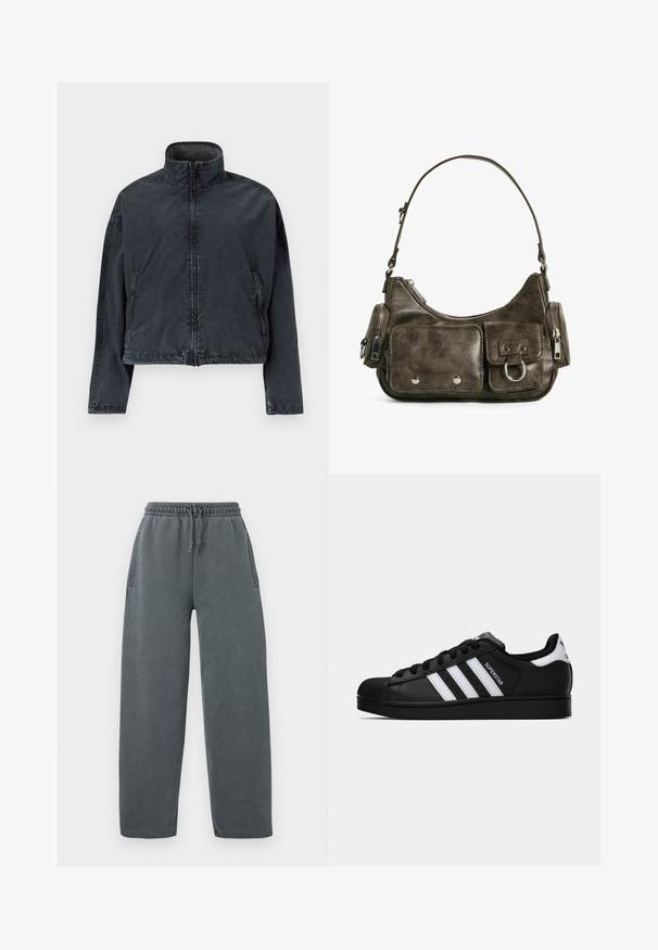 Zwarte cropped jas van zacht, glad materiaal, met een hoge kraag, een ritssluiting aan de voorkant en zijzakken met subtiele stikdetails.; Zwarte lange mouwen hoodie met een rits aan de voorkant. Gemaakt van een gladde stof, uitgevoerd met een aansluitende pasvorm en minimalistische details. Ronde zoom aan de onderkant.; Grijze sweatpants met een elastische tailleband met trekkoord, zijzakken en een relaxte pasvorm. Gemaakt van een zachte, gestructureerde stof.; Zwarte Adidas Superstar sneaker met witte strepen, schelpneus en 'Superstar' tekst aan de zijkant, afgebeeld in zijaanzicht op een witte achtergrond.; Donkergroene leren handtas met een gebogen vorm, met ritszakken en een voorflapzak. Voorzien van zilveren hardware en een gestructureerde afwerking.