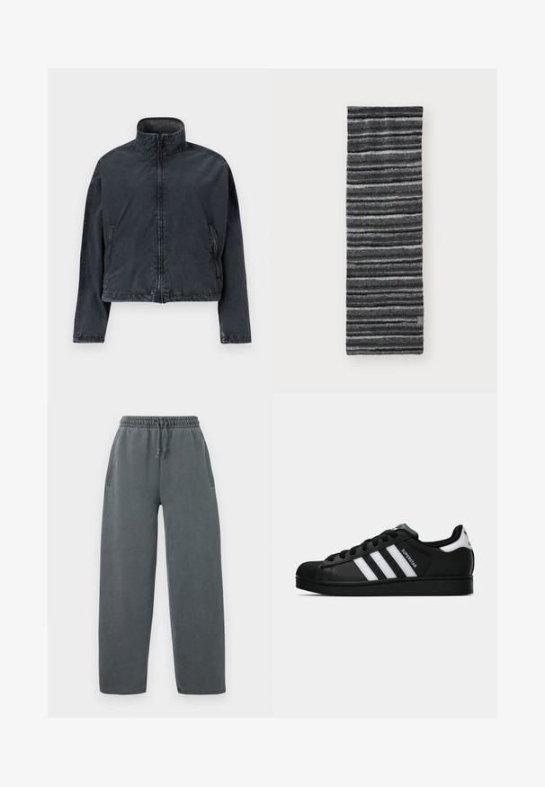 Musta cropped-takki, joka on valmistettu pehmeästä ja sileästä materiaalista. Takissa on korkea kaulus, edessä vetoketju ja sivutaskut, joissa on huomaamattomia ompeluyksityiskohtia.; Musta pitkähihaista hupparia, jossa on etuvetoketju. Valmistettu sileästä kankaasta, istuva muotoilu ja minimaalinen yksityiskohtaisuus. Pyöreä helma alareunassa.; Harmaat collegehousut, joissa on narutettu elastinen vyötärö, sivutaskut ja rento istuvuus. Valmistettu pehmeästä, tekstuuripinnasta.; Musta Adidas Superstar -lenkkari, jossa on valkoiset raidat, kuorisuoja ja "Superstar"-teksti sivussa, esitetty sivuprofiilissa valkoista taustaa vasten.; Neulehuivi mustilla ja harmailla vaaka raidoilla, pehmeä rakenne, pitkulainen suorakulmainen muoto, jossa on pieni etiketti alakulmassa.; Tumma vihreä nahkainen käsilaukku, jossa on kaareva muoto, vetskarilla varustetut taskut ja etupaneelin tasku. Varustettu hopeanvärisillä yksityiskohdilla ja teksturoidulla pinnalla.
