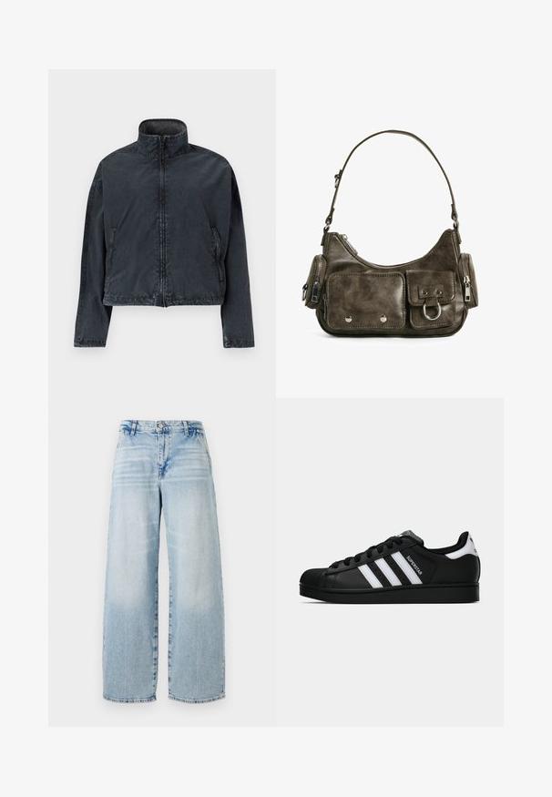 Čierna skrátená bunda vyrobená z mäkkého, hladkého materiálu, s vysokým golierom, predným zipsom a bočnými vreckami s jemnými švovými detailmi.; Čierna mikina s kapucňou a dlhými rukávmi, s predným zipsom. Vyrobená z hladkej látky, priliehavý strih a minimálne detaily. Oválny lem na spodnej časti.; Svetlomodré džínsy s širokými nohavicami a vysokým pásom, jemným efektom šúchania, surovým lemom a klasickým dizajnom s piatimi vreckami.; Čierne tenisky Adidas Superstar s bielymi pruhmi, špičkou v tvare mušle a textom "Superstar" na boku, zobrazené v bočnom profilu na bielom pozadí.; Tmavozelená kožená kabelka s zakriveným tvarom, zipsovými vreckami a predným klopňovým vreckom. Obsahuje strieborné kovanie a textúrovaný povrch.