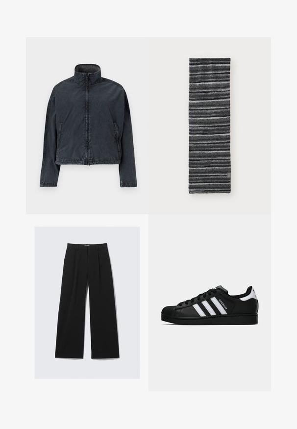 Sort cropped jakke lavet af blødt, glat materiale, med høj krave, frontlynlås og sidelommer med diskrete sømdetaljer.; Sort langærmet hættebluse med en frontlynlås. Lavet af et glat stof, tætsiddende design og minimal pynt. Rundet kant forneden.; Sorte brede bukser med bæltestropper, frontfald og en skjult lukning foran, vist på en hvid baggrund.; Sort Adidas Superstar sneaker med hvide striber, skaletå og "Superstar"-tekst på siden, vist i sideprofil på hvid baggrund.; Strikket tørklæde med sorte og grå vandrette striber, blød tekstur, langstrakt rektangulær form, med et lille mærke i nederste hjørne.; Mørkegrøn læderhåndtaske med en buet form, lynlåslommer og en frontlomme med klap. Udstyret med sølvhardware og tekstureret finish.