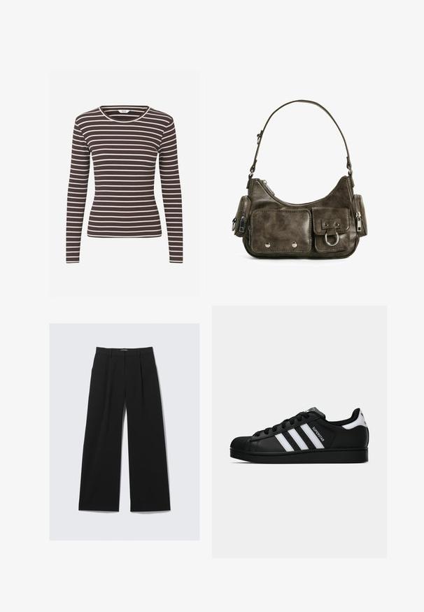 Schwarze, taillierte Jacke aus weichem, glattem Material, mit hohem Kragen, Frontreißverschluss und seitlichen Taschen mit dezenten Nähdetails.; Enges, langärmliges, geripptes Oberteil mit braunen und weißen horizontalen Streifen und Rundhalsausschnitt.; Schwarze weit geschnittene Hose mit Gürtelschlaufen, vorderen Falten und verdecktem Frontverschluss, auf einem weißen Hintergrund präsentiert.; Schwarzer Adidas Superstar Sneaker mit weißen Streifen, Schalenzehen und "Superstar"-Schriftzug an der Seite, im Seitenprofil auf weißem Hintergrund dargestellt.; Dunkelgrüne Lederhandtasche mit geschwungener Form, Reißverschlussfächern und Taschen auf der Vorderseite mit Klappe. Ausgestattet mit silberfarbenen Beschlägen und strukturierter Oberfläche.