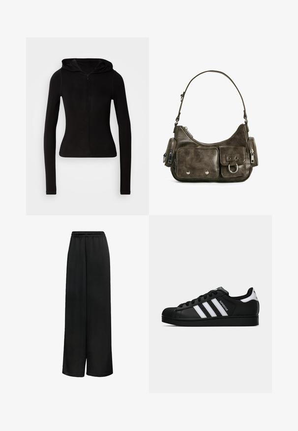 Schwarze, taillierte Jacke aus weichem, glattem Material, mit hohem Kragen, Frontreißverschluss und seitlichen Taschen mit dezenten Nähdetails.; Schwarzes, langärmliges Kapuzenshirt mit einem Frontreißverschluss. Aus einem glatten Stoff gefertigt, figurbetontes Design und minimalistischem Detail. Abgerundeter Saum am unteren Ende.; Schwarze weite Hosen aus glattem Stoff, mit einem elastischen Bund und lockerer Passform für Komfort. Keine ausgeprägten Muster oder Akzente.; Schwarzer Adidas Superstar Sneaker mit weißen Streifen, Schalenzehen und "Superstar"-Schriftzug an der Seite, im Seitenprofil auf weißem Hintergrund dargestellt.; Dunkelgrüne Lederhandtasche mit geschwungener Form, Reißverschlussfächern und Taschen auf der Vorderseite mit Klappe. Ausgestattet mit silberfarbenen Beschlägen und strukturierter Oberfläche.