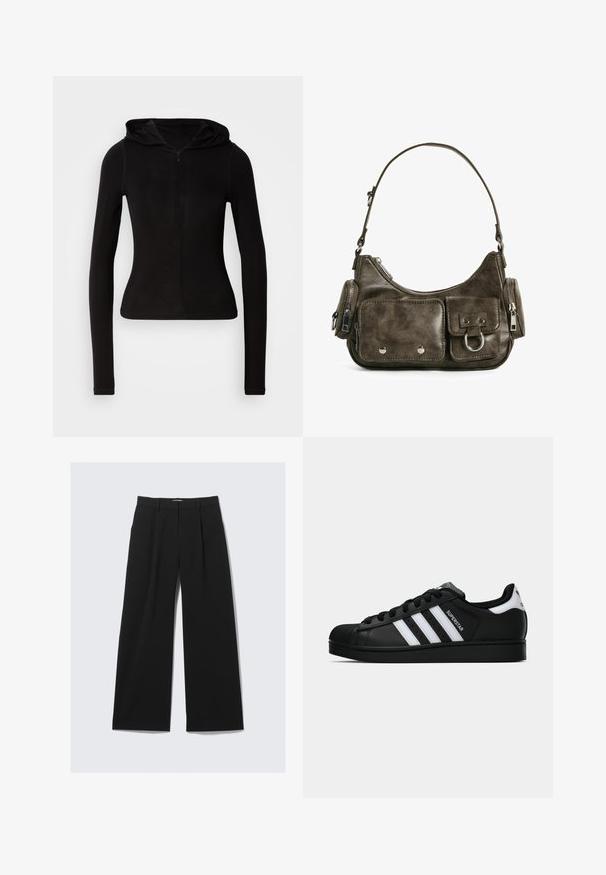 Sort cropped jakke lavet af blødt, glat materiale, med høj krave, frontlynlås og sidelommer med diskrete sømdetaljer.; Sort langærmet hættebluse med en frontlynlås. Lavet af et glat stof, tætsiddende design og minimal pynt. Rundet kant forneden.; Sorte brede bukser med bæltestropper, frontfald og en skjult lukning foran, vist på en hvid baggrund.; Sort Adidas Superstar sneaker med hvide striber, skaletå og "Superstar"-tekst på siden, vist i sideprofil på hvid baggrund.; Mørkegrøn læderhåndtaske med en buet form, lynlåslommer og en frontlomme med klap. Udstyret med sølvhardware og tekstureret finish.