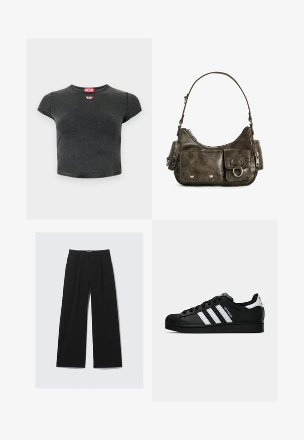Černá zkrácená bunda vyrobená z měkkého, hladkého materiálu, s vysokým límcem, předním zipem a bočními kapsami s jemnými detailem švů.; Černé zkrácené tričko vyrobené z bavlny s kulatým výstřihem a krátkými rukávy. Obsahuje malé červené logo a vydřenou texturu.; Černé široké kalhoty s poutky na opasek, předními záhyby a skrytým předním zapínáním, vystavené na bílém pozadí.; Černé tenisky Adidas Superstar se bílými pruhy, špičkou ve tvaru skořápky a textem "Superstar" na boku, zobrazené v bočním profilu na bílém pozadí.; Tmavě zelená kožená kabelka s zakřiveným tvarem, zipovými kapsami a přední kapsou na klopu. Má stříbrné kovové doplňky a texturovaný povrch.