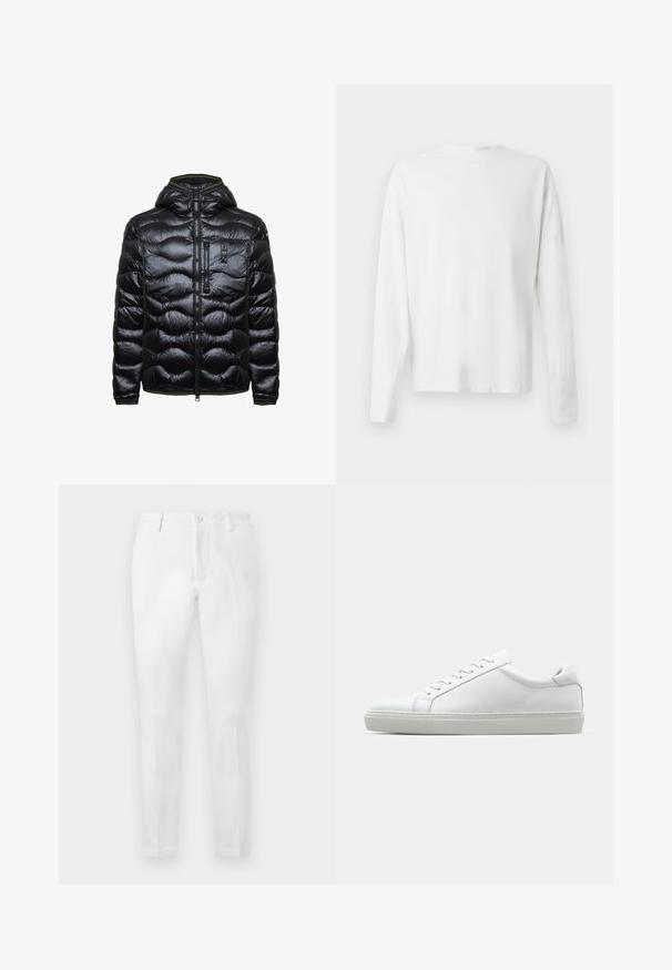 Black puffer jacket with a hood, featuring a quilted design, zip front, and one chest pocket. Smooth, shiny texture with green accents.; Long-sleeved white cotton shirt with a round neckline, side slits at the bottom, and a smooth texture, displayed from the back.; White trousers with a tailored fit, featuring a flat front, two side pockets, and a single back pocket. Made from smooth fabric.; White sneaker with a smooth leather upper and a low profile. Features a rounded toe, six eyelets, and a textured rubber sole.