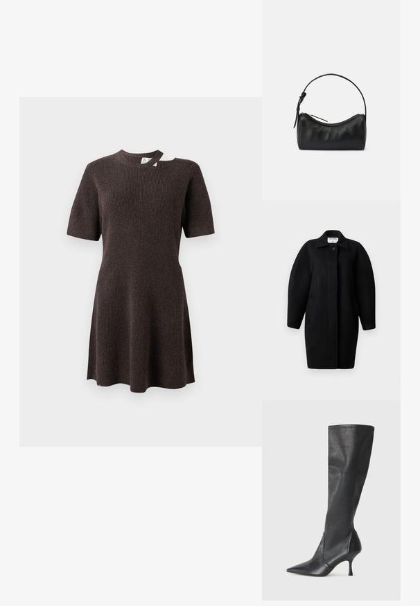Fekete gyapjú kabát galléros nyakkivágással, egysoros gombos záródással és lekerekített vállakkal. Két oldalsó zsebet és minimalista dizájnt tartalmaz.; Sötétbarna bordás ruha rövid ujjakkal, kerek nyakkivágással és egyedi nyitott részlettel a válltón. Puha, texturált anyag.; Térd fölötti fekete bőr csizmák hegyes orral és karcsú stiletto sarkal. Simább textúrájúak, jól illeszkedő kialakítással és varrással a tetején.; Fekete bőr válltáska ívelt formával, cipzáros záródással és vékony pánttal. Simaságot és diszkrét varrási részleteket kínál.