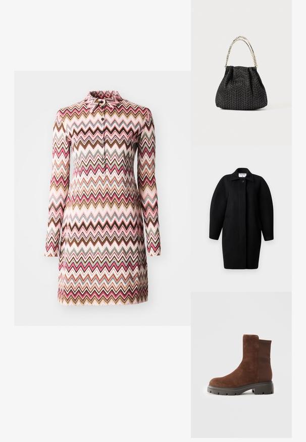 Fekete gyapjú kabát galléros nyakkivágással, egysoros gombos záródással és lekerekített vállakkal. Két oldalsó zsebet és minimalista dizájnt tartalmaz.; Galléros ruha, amely többszínű cikk-cakk mintázattal rendelkezik rózsaszín, barna és krémszín árnyalataiban, hosszú ujjaival és gombos záródásával.; Barna velúr bokacsizma, rugalmas oldalsó panelekkel, lekerekített orral és vastag gumitalppal, amelynek felszíne mintázott.; Fekete textúrájú kézi táska halszálka mintával, ráncolt dizájnnal és fém lánc fogantyúval. Puha anyaga elegáns megjelenést biztosít.