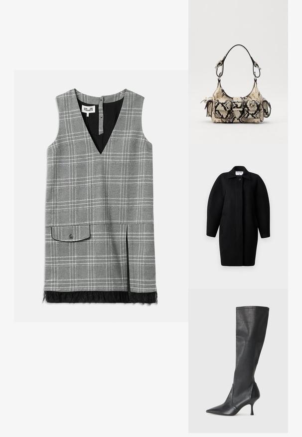 Juodas vilnonis paltas su apykakle, vieno mygtuko užsegimu ir apvaliais pečiais. Yra du šoniniai kišeniai ir minimalistinis dizainas.; Pilkas pledas be rankovių suknele su V formos iškirpte, šonine kišene ir nėriniu apdailoje. Turisti juodą pamušalą ir sagų uždarymą nugaroje.; Juodų odinių batų iki kelių su smailiu pirštu ir plonu stiletto kulnu. Lygus paviršius, pritaikytas dizainas ir siuvimas viršutiniame krašte.; Python-print rankinė smėlio ir juodos spalvos, su struktūrizuota forma, sagties detale ir dviem petnešomis. Textūruotas paviršius.
