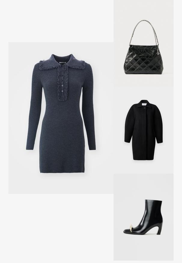 Juodas vilnonis paltas su apykakle, vieno mygtuko užsegimu ir apvaliais pečiais. Yra du šoniniai kišeniai ir minimalistinis dizainas.; Tamsiai mėlyna juostuota suknelė su nusidėvėjusiu apykakle, penkių mygtukų užsegimu ir ilgomis rankovėmis, pagaminta iš tekstūruoto mezgimo medžiagos.; Juodi aulinukai, pagaminti iš blizgios odos, su smailia nosimi ir dekoratyviu aukso bei sidabro akcentu priekyje. Bloko kulnas.; Juoda pūsta odinė rankinė su sidabrine grandinėlės rankena, pasižyminti struktūruotu dizainu ir lygiu paviršiumi.