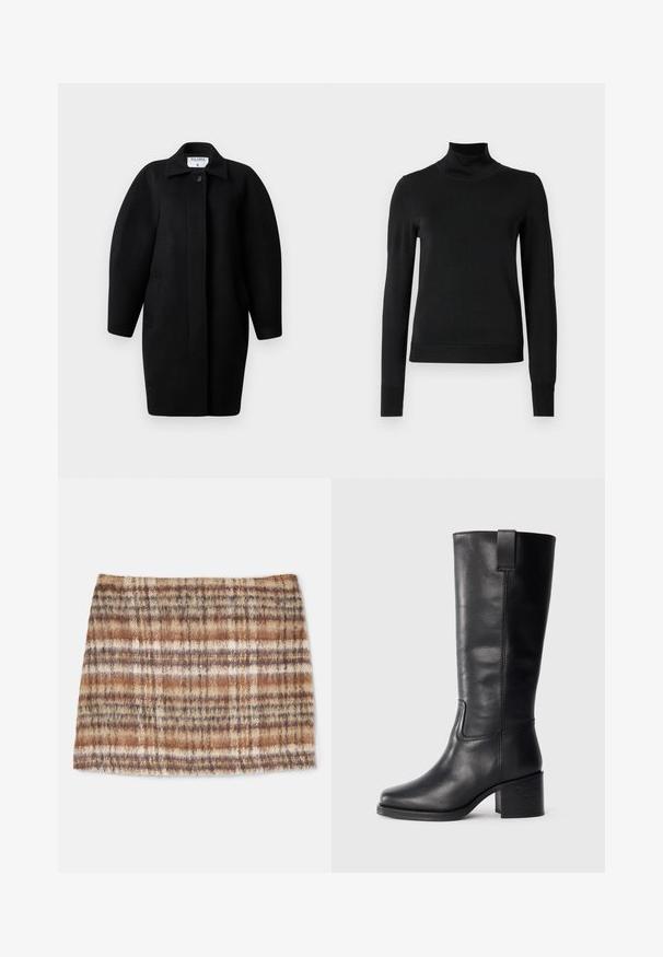 Juodas vilnonis paltas su apykakle, vieno mygtuko užsegimu ir apvaliais pečiais. Yra du šoniniai kišeniai ir minimalistinis dizainas.; Juoda ilgomis rankovėmis turtleneko tipo megztinis su rebruotomis rankovėmis ir apačia, eksponuojamas ant paprasto balto fono.; Karieta vilnos sijonas su žemės tonais: ruda ir smėlio spalva, malonus prisilietimui. Dizainas apima horizontalius ir vertikalius raštus.; Juodos odinės iki kelių siekiančios botai su lygiu paviršiumi, kvadratiniu pirštu, storu kulnu ir šoniniu kilputė, su minimaliais siuvimo akcentais.
