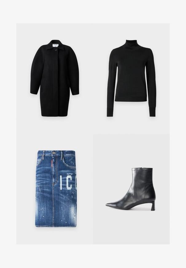 Sorte uldfrakke med krave, enkelt knaplukning og afrundede skuldre. Har to sidelommer og et minimalistisk design.; Sort langærmet turtleneck sweater med ribbede manchetter og kant, vist på en simpel hvid baggrund.; Mørkeblå denimnederdel med slidte detaljer, lyse blegede pletter og trykte bogstaver. Har standard talje og lynlås lukning.; Sort læder ankelstøvle med spids tå og et strømlinet design. Har en lav hæl og en lynlås lukning bagpå. Glat tekstur.