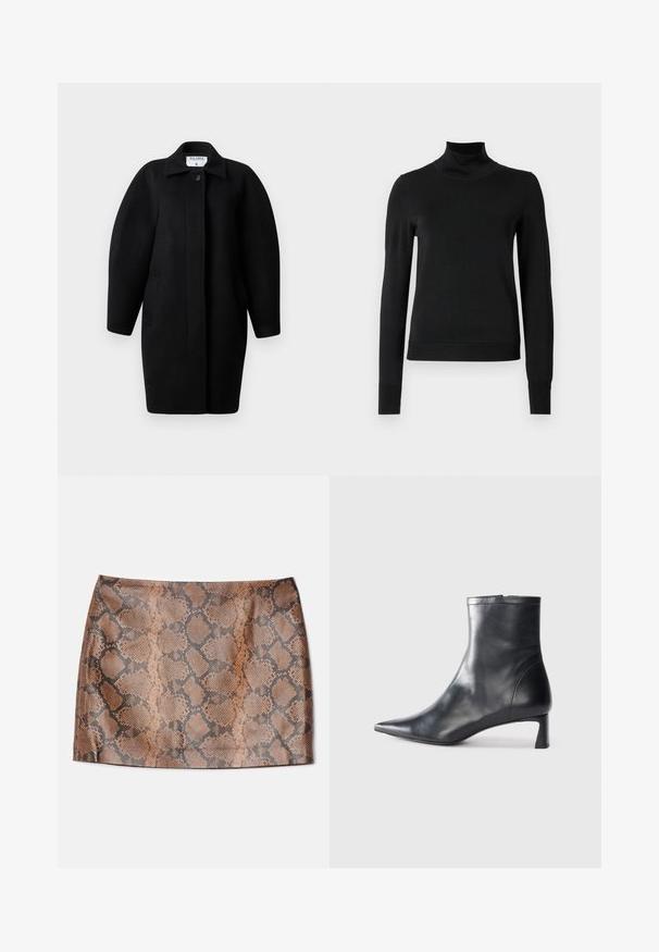 Zwarte wollen jas met een kraagneklijn, sluiting met één knop en ronde schouders. Bevat twee zijzakken en heeft een minimalistisch ontwerp.; Zwarte trui met lange mouwen en col, voorzien van geribde manchetten en zoom, weergegeven op een effen witte achtergrond.; Alice + Olivia ELANA SNAKE SKIRT - Minirok - camel/black; Zwarte leren enkellaars met een spitse neus en een slank ontwerp. Heeft een lage hak en een ritssluiting aan de achterkant. Gladde textuur.