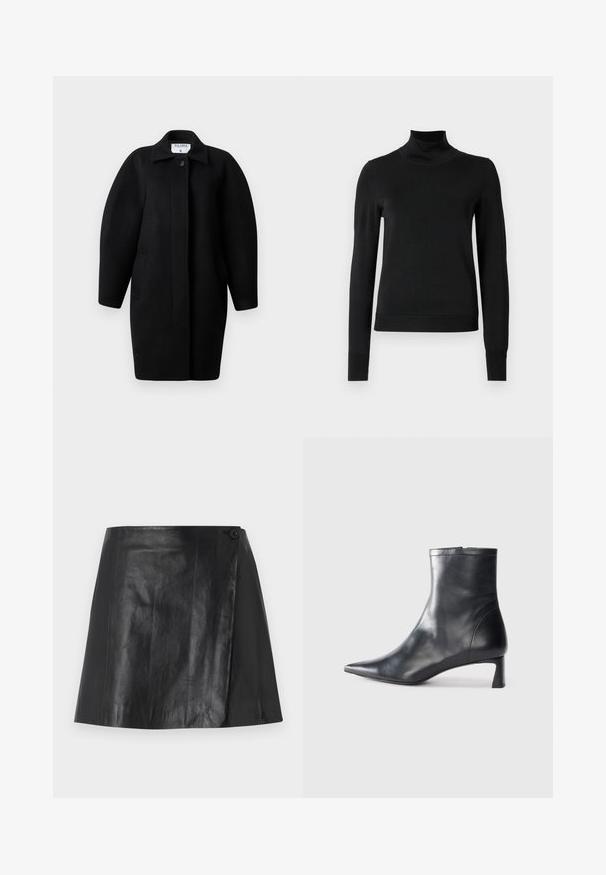 Čierny vlnený kabát s golierovým výstrihom, zapínaním na jeden gombík a zaoblenými plecami. Obsahuje dve bočné vrecká a minimalistický dizajn.; Čierny dlhý rukáv rolák s rebrovanými manžetami a lemom, zobrazený na čistej bielej pozadí.; Čierna mini sukňa z imitácie kože s prekrývajúcim predným detailom zaisteným gombíkom na pravej strane, hladká textúra a jemný lesk.; Čierne kožené členkové topánky s špicatou špičkou a elegantným dizajnom. Majú nízky podpätok a zips na zadnej strane. Hladká textúra.