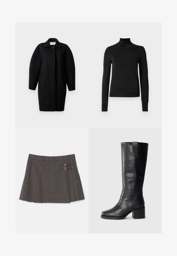 Zwarte wollen jas met een kraagneklijn, sluiting met één knop en ronde schouders. Bevat twee zijzakken en heeft een minimalistisch ontwerp.; Zwarte trui met lange mouwen en col, voorzien van geribde manchetten en zoom, weergegeven op een effen witte achtergrond.; The Kooples JUPE - Minirok - brown; Zwarte leren kniehoge laarzen met een gladde textuur, vierkante neus, blokhak en zijhandvat, met minimale stikseldetails.