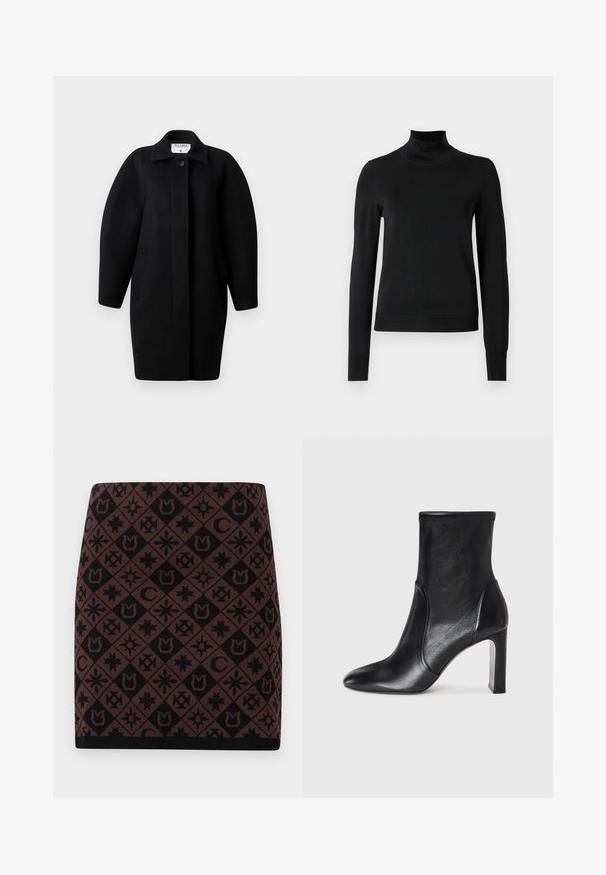 Zwarte wollen jas met een kraagneklijn, sluiting met één knop en ronde schouders. Bevat twee zijzakken en heeft een minimalistisch ontwerp.; Zwarte trui met lange mouwen en col, voorzien van geribde manchetten en zoom, weergegeven op een effen witte achtergrond.; Gebreide rok met een geometrisch zwart en bruin patroon met verschillende symbolen, een aansluitende vorm en een zwarte tailleband aan de zoom.; Zwarte leren enkelboot met een slank ontwerp, spitse neus en hoge blokhak. Heeft een gladde textuur en minimalistische stikseldetails.