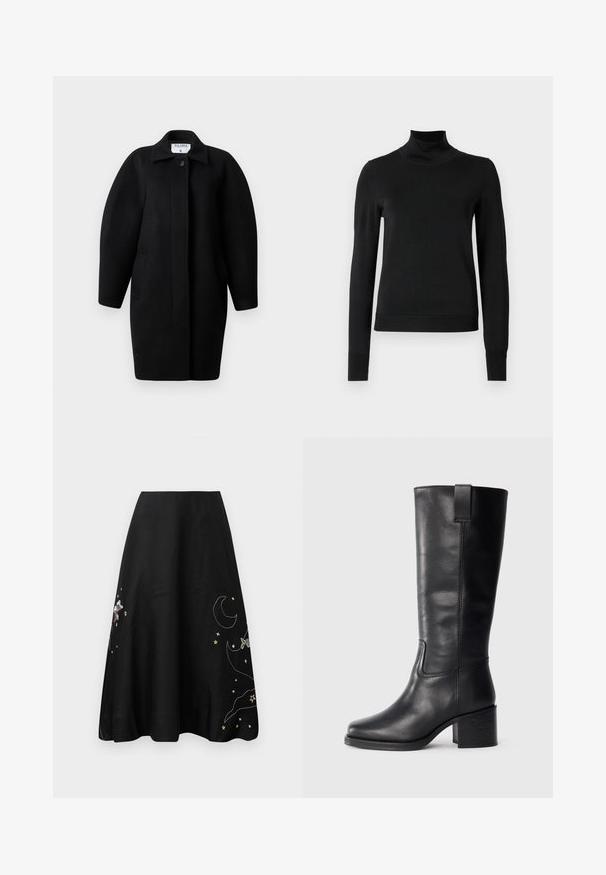 Fekete gyapjú kabát galléros nyakkivágással, egysoros gombos záródással és lekerekített vállakkal. Két oldalsó zsebet és minimalista dizájnt tartalmaz.; Fekete, hosszú ujjú garbós pulóver bordás mandzsettákkal és aljjal, sima fehér háttér előtt bemutatva.; Fekete szoknya színes hímzéssel, amely csillagokat, egy holdat és egy karaktert ábrázol. A vonalú szabás, sima anyag, térdhez érő hosszúság, diszkrét fényességgel.; Fekete bőr, térd fölé érő csizmák sima textúrával, négyzetes orral, tömbsarkúval és oldalsó húzófüllel, minimális varrási részletekkel.