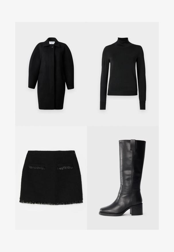 Abrigo de lana negro con un cuello con solapa, cierre de un botón y hombros redondeados. Presenta dos bolsillos laterales y un diseño minimalista.; Suéter negro de manga larga con cuello de tortuga, con puños y dobladillo acanalados, exhibido sobre un fondo blanco liso.; Falda negra con un tejido texturizado, dos bolsillos frontales y un detalle de dobladillo con flecos. La forma general es un diseño ajustado en A.; Botas de cuero negro hasta la rodilla con una textura suave, punta cuadrada, tacón cuadrado y tirador lateral, con detalles de costura mínimos.