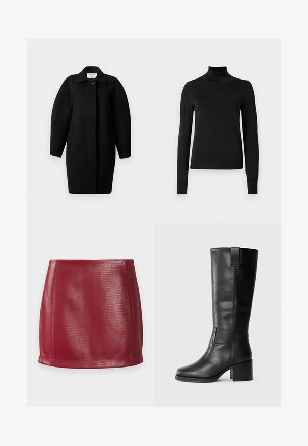 Zwarte wollen jas met een kraagneklijn, sluiting met één knop en ronde schouders. Bevat twee zijzakken en heeft een minimalistisch ontwerp.; Zwarte trui met lange mouwen en col, voorzien van geribde manchetten en zoom, weergegeven op een effen witte achtergrond.; Rode faux leren mini-jurk met een gladde textuur, een aansluitend ontwerp en een rechte zoom met subtiele glans en diagonale patroonaccenten.; Zwarte leren kniehoge laarzen met een gladde textuur, vierkante neus, blokhak en zijhandvat, met minimale stikseldetails.