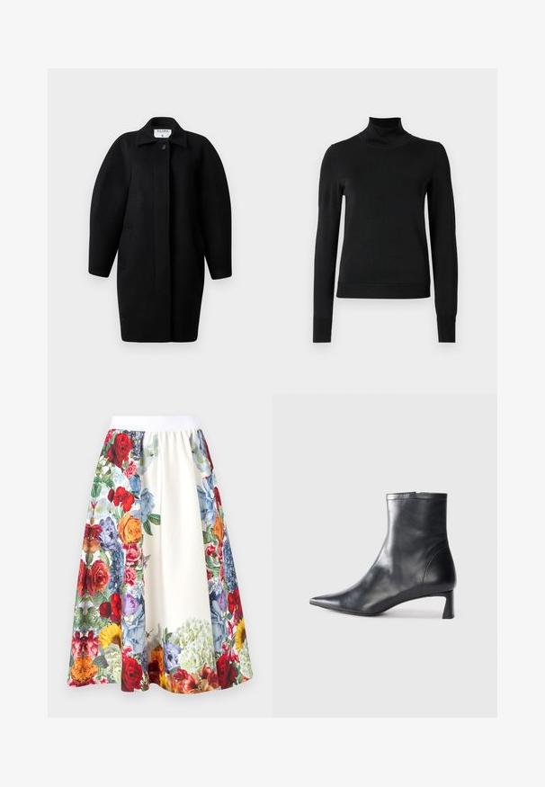 Fekete gyapjú kabát galléros nyakkivágással, egysoros gombos záródással és lekerekített vállakkal. Két oldalsó zsebet és minimalista dizájnt tartalmaz.; Fekete, hosszú ujjú garbós pulóver bordás mandzsettákkal és aljjal, sima fehér háttér előtt bemutatva.; Alice + Olivia EARLA FLARE MIDI SKIRT - A-vonalú szoknya - off white; Fekete bőr bokacsizma hegyes orral és letisztult dizájnnal. Alacsony sarka és hátsó cipzáras záródása van. Simának tűnő textúra.