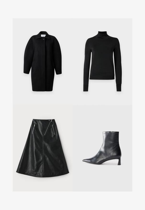 Čierny vlnený kabát s golierovým výstrihom, zapínaním na jeden gombík a zaoblenými plecami. Obsahuje dve bočné vrecká a minimalistický dizajn.; Čierny dlhý rukáv rolák s rebrovanými manžetami a lemom, zobrazený na čistej bielej pozadí.; Čierna kožená sukňa vo forme A s mierne lesklou textúrou, obsahujúca dva asymetrické zipsové vrecká a zapínanie na patentku na páse.; Čierne kožené členkové topánky s špicatou špičkou a elegantným dizajnom. Majú nízky podpätok a zips na zadnej strane. Hladká textúra.