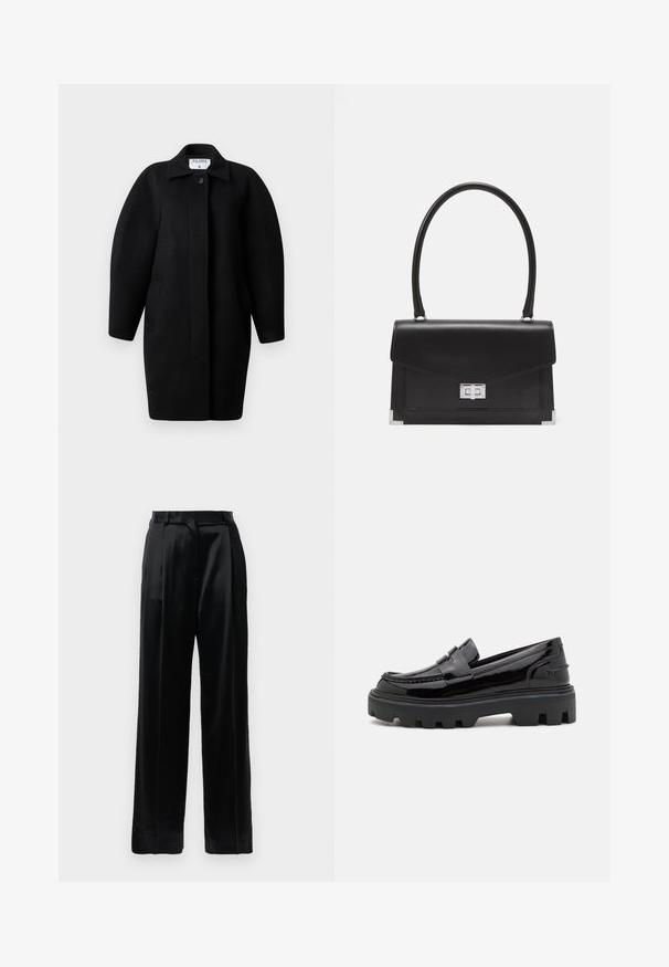 Must Black wool coat with a collared neckline, single-button closure, and rounded shoulders. Features two side pockets and a minimalist design.; Mustmusterta mustaga pikkade varrukatega kõrge kaelusega sviiter, millel on ribakudumisega mansetid ja äär, esitatud lihtsal valgel taustal.; Mustad kõrge vöökohaga satiinstruktuuriga püksid, sirgete laiade jalgadega, vööloopide ja lapiku eeskinni sulgemisega valge tausta ees.; Mustad musta lakknahk kingad pakuvad tugevat musta kummitalda, millel on dekoratiivne rihm üle ülaosa ja õmblusdetailid.; Mustmust mustkott mustmustu kujundusega, ülemise käepidemega ja hõbedase sulgemisega. Omab nurkades aktsente ja sujuvat tekstuuri.