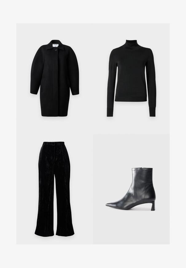 Sorte uldfrakke med krave, enkelt knaplukning og afrundede skuldre. Har to sidelommer og et minimalistisk design.; Sort langærmet turtleneck sweater med ribbede manchetter og kant, vist på en simpel hvid baggrund.; Sorte fløjls brede bukser med en blød tekstur, der har høj talje og subtile lodrette striber. Skræddersyet til en afslappet pasform.; Sort læder ankelstøvle med spids tå og et strømlinet design. Har en lav hæl og en lynlås lukning bagpå. Glat tekstur.