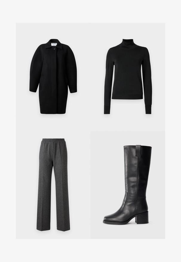 Sorte uldfrakke med krave, enkelt knaplukning og afrundede skuldre. Har to sidelommer og et minimalistisk design.; Sort langærmet turtleneck sweater med ribbede manchetter og kant, vist på en simpel hvid baggrund.; Grå tekstureret bukser med brede ben og elastisk talje, der har et subtile hørhårede mønster. Blødt stof med en afslappet pasform.; Sorte læderknæhøje støvler med en glat tekstur, firkantet tå, blokhæl og sideløkke, der har minimale syninger.