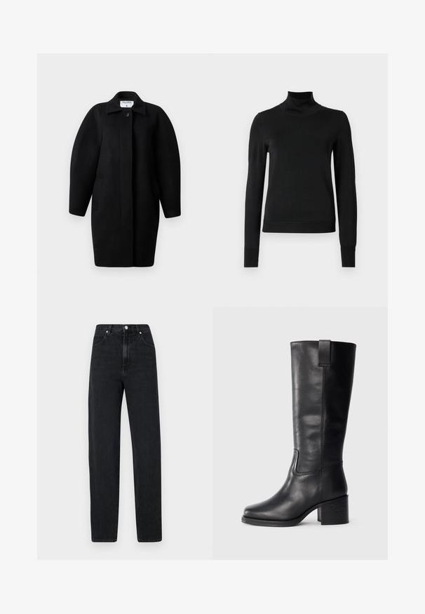 Zwarte wollen jas met een kraagneklijn, sluiting met één knop en ronde schouders. Bevat twee zijzakken en heeft een minimalistisch ontwerp.; Zwarte trui met lange mouwen en col, voorzien van geribde manchetten en zoom, weergegeven op een effen witte achtergrond.; Zwarte, rechte jeans van denim. Kenmerkt zich door een hoge taille, metalen knoopsluiting, vijf zakken en subtiele stiksels.; Zwarte leren kniehoge laarzen met een gladde textuur, vierkante neus, blokhak en zijhandvat, met minimale stikseldetails.