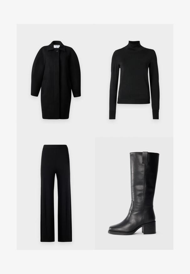 Czarny wełniany płaszcz z kołnierzem, zapięciem na jeden guzik i zaokrąglonymi ramionami. Posiada dwie boczne kieszenie oraz minimalistyczny design.; Czarny sweter z długim rękawem i stojącym kołnierzem, z prążkowanymi mankietami i dołem, zaprezentowany na białym tle.; Czarne szerokie spodnie wykonane z gładkiego, elastycznego materiału. Posiadają elastyczny pas i brak widocznych zapięć lub kieszeni.; Czarne skórzane botki do kolan o gładkiej fakturze, kwadratowym nosku, słupku oraz bocznym uchwycie, z minimalistycznymi detalami w postaci szwów.