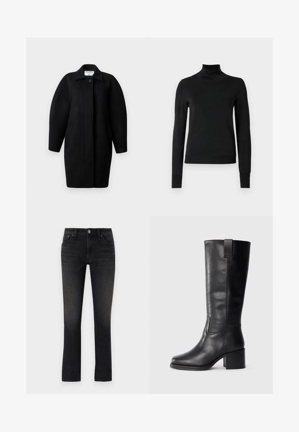 Melnas vilnas mētelis ar apkakles dekoltē, vienu pogu aizdari un noapaļotām plecu līnijām. Satur divas sānu kabatas un minimālistisku dizainu.; Melnas garām piedurknēm turtlenecks džemperis ar ribotām aprocēm un apakšmali, attēlots uz vienkārša balta fona.; rag & bone DRE LOW RISE BOYFRIEND - Pieguloša piegriezuma džinsi - cornelia; Melnas ādas augstas līdz ceļgaliem zābaki ar gludu tekstūru, kvadrātveida purngaliem, blokveida papēdi un sānu cilpu, ar minimālām šuvju detaļām.