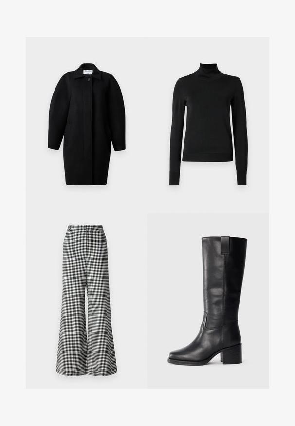 Black wool coat with a collared neckline, single-button closure, and rounded shoulders. Features two side pockets and a minimalist design.; Black long-sleeve turtleneck sweater with ribbed cuffs and hem, displayed on a plain white background.; Wide-leg trousers featuring a black and white gingham pattern, with a high waist and smooth texture. Tailored design with no visible hardware.; Black leather knee-high boots with a smooth texture, square toe, block heel, and side pull tab, featuring minimal stitching details.