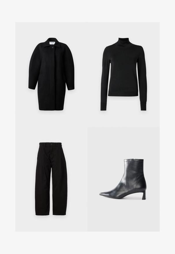 Cappotto di lana nera con collo a camicia, chiusura con un singolo bottone e spalle arrotondate. Presenta due tasche laterali e un design minimalista.; Pullover nero a maniche lunghe con collo alto, rifinito con polsini e orlo a coste, mostrato su uno sfondo bianco semplice.; Pantaloni neri a gamba larga realizzati in cotone, con chiusura a pulsante e cerniera, dotati di pieghe frontali e tasche laterali.; Stivaletto in pelle nera con punta affusolata e design elegante. Presenta un tacco basso e una chiusura con zip sul retro. Texture liscia.