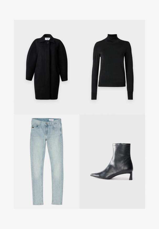 Fekete gyapjú kabát galléros nyakkivágással, egysoros gombos záródással és lekerekített vállakkal. Két oldalsó zsebet és minimalista dizájnt tartalmaz.; Fekete, hosszú ujjú garbós pulóver bordás mandzsettákkal és aljjal, sima fehér háttér előtt bemutatva.; Világoskék, skinny farmernadrág, gombos záródással, öt zsebbel, és enyhe kopással a combon és a térdeken.; Fekete bőr bokacsizma hegyes orral és letisztult dizájnnal. Alacsony sarka és hátsó cipzáras záródása van. Simának tűnő textúra.