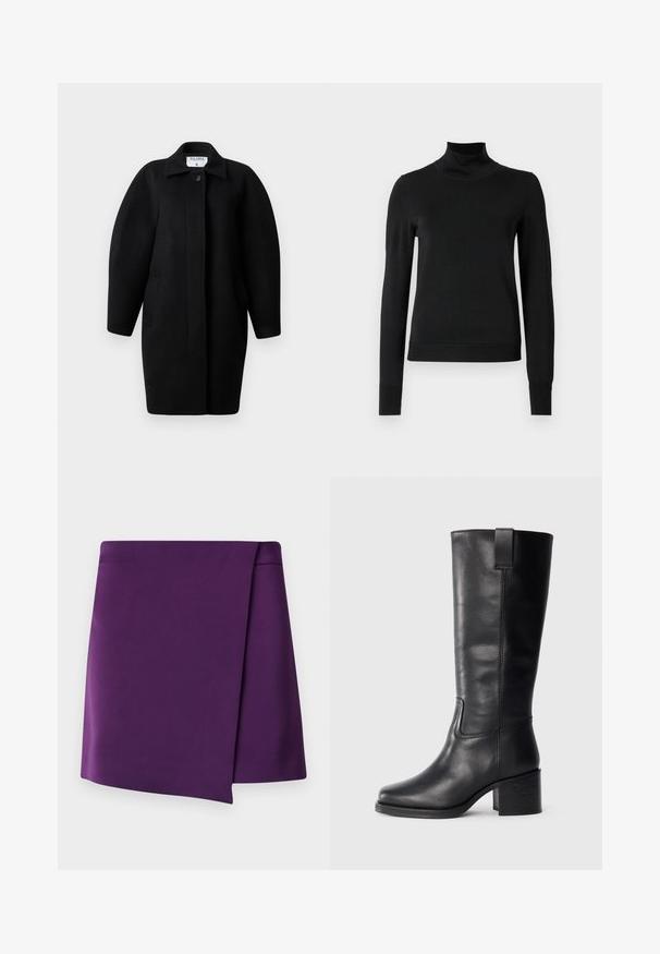 Juodas vilnonis paltas su apykakle, vieno mygtuko užsegimu ir apvaliais pečiais. Yra du šoniniai kišeniai ir minimalistinis dizainas.; Juoda ilgomis rankovėmis turtleneko tipo megztinis su rebruotomis rankovėmis ir apačia, eksponuojamas ant paprasto balto fono.; Violet mini sijonas su lygiu paviršiumi, turintis įstrižinę apvyniojimo dizainą ir švarias linijas. Matomų detalių ar raštų nėra.; Juodos odinės iki kelių siekiančios botai su lygiu paviršiumi, kvadratiniu pirštu, storu kulnu ir šoniniu kilputė, su minimaliais siuvimo akcentais.