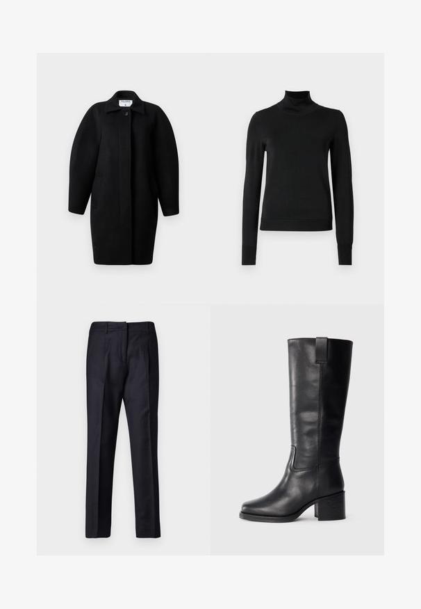 Juodas vilnonis paltas su apykakle, vieno mygtuko užsegimu ir apvaliais pečiais. Yra du šoniniai kišeniai ir minimalistinis dizainas.; Juoda ilgomis rankovėmis turtleneko tipo megztinis su rebruotomis rankovėmis ir apačia, eksponuojamas ant paprasto balto fono.; Jūros pajėgų stiliaus kelnės su glotnia tekstūra, su plokščiu priekiu, dviem raukiniais ir diržo kilpomis. Tiesaus kirpimo, apdailintos hem.; Juodos odinės iki kelių siekiančios botai su lygiu paviršiumi, kvadratiniu pirštu, storu kulnu ir šoniniu kilputė, su minimaliais siuvimo akcentais.