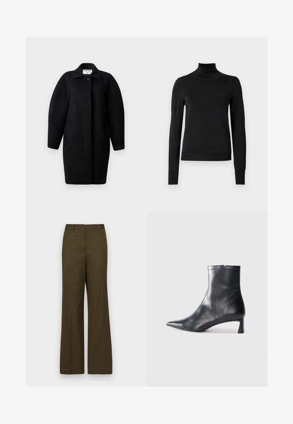 Must Black wool coat with a collared neckline, single-button closure, and rounded shoulders. Features two side pockets and a minimalist design.; Mustmusterta mustaga pikkade varrukatega kõrge kaelusega sviiter, millel on ribakudumisega mansetid ja äär, esitatud lihtsal valgel taustal.; Olive rohelised, laiad püksid, mis on valmistatud puuvilla segust. Omab eesmist nööbikinnitust, vöödelgi ja kahte küljetaskut.; Mustad mustall nahkasaabas terava nina ja stiilse disainiga. Omab madalat konts ja luku sulgemist taga. Sile tekstuur.