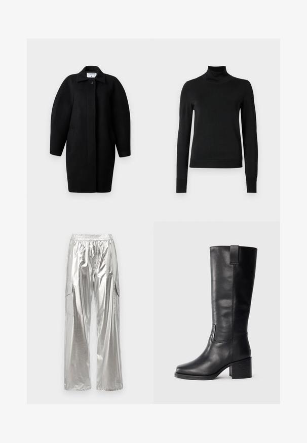 Čierny vlnený kabát s golierovým výstrihom, zapínaním na jeden gombík a zaoblenými plecami. Obsahuje dve bočné vrecká a minimalistický dizajn.; Čierny dlhý rukáv rolák s rebrovanými manžetami a lemom, zobrazený na čistej bielej pozadí.; MCM METALLIC PANTS - Kapsáče - silver; Čierne kožené čižmy po kolená so hladkou textúrou, štvorcovou špičkou, blokovým podpätkom a bočným úchytom, s minimálnymi švami.