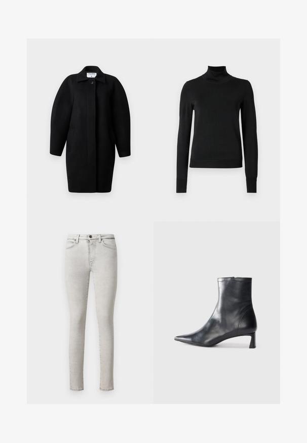 Melnas vilnas mētelis ar apkakles dekoltē, vienu pogu aizdari un noapaļotām plecu līnijām. Satur divas sānu kabatas un minimālistisku dizainu.; Melnas garām piedurknēm turtlenecks džemperis ar ribotām aprocēm un apakšmali, attēlots uz vienkārša balta fona.; Gai pelēki sašaurināti džinsi ar vidēju vidukli, standarta piecu kabatu dizains un minimāli šuvju detalizācijas uz šuvēm.; Melnas ādas potītes zābaki ar norādītu pirkstu un elegantu dizainu. Iezīmē zemu papēdi un rāvējslēdzēja aizdari aizmugurē. Gluda tekstūra.