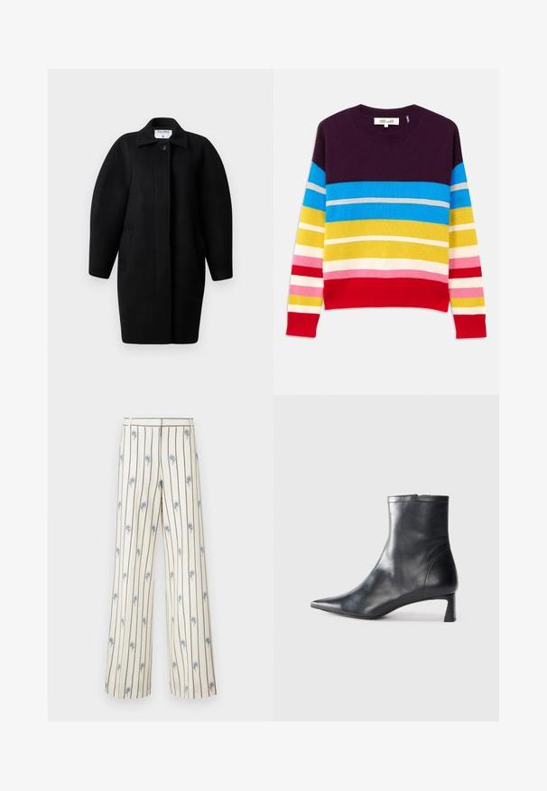 Svart ullrock med krage, en knappstängning och rundade axlar. Har två sidofickor och en minimalistisk design.; Stickad tröja med horisontella ränder i lila, blått, gult, rosa och rött. Ribbad halsringning och fåll. Mjuk textur, avslappnad design.; Vide byxor i krämfärgad tyg med vertikala mörka ränder och små blå blommönster över hela. Har en skräddarsydd midja.; Svart läder ankelboot med spetsig tå och en smidig design. Har en låg klack och en dragkedjestängning bak. Slät textur.